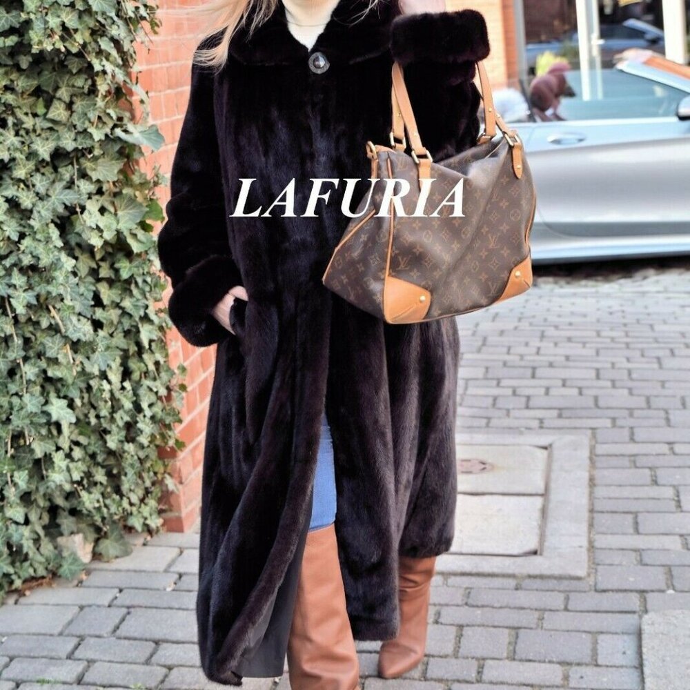 LAFURIA~BLACKGLAMA~BLACK/BROWN~REAL MINK FUR~COAT~LADIES L (10/12)~NWT